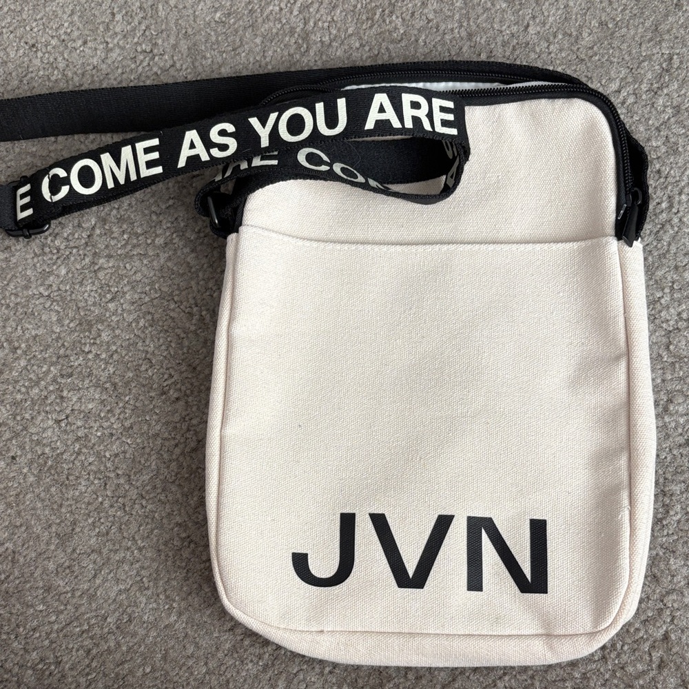 JVN Off-White Canvas Messenger Bag with Black Strap